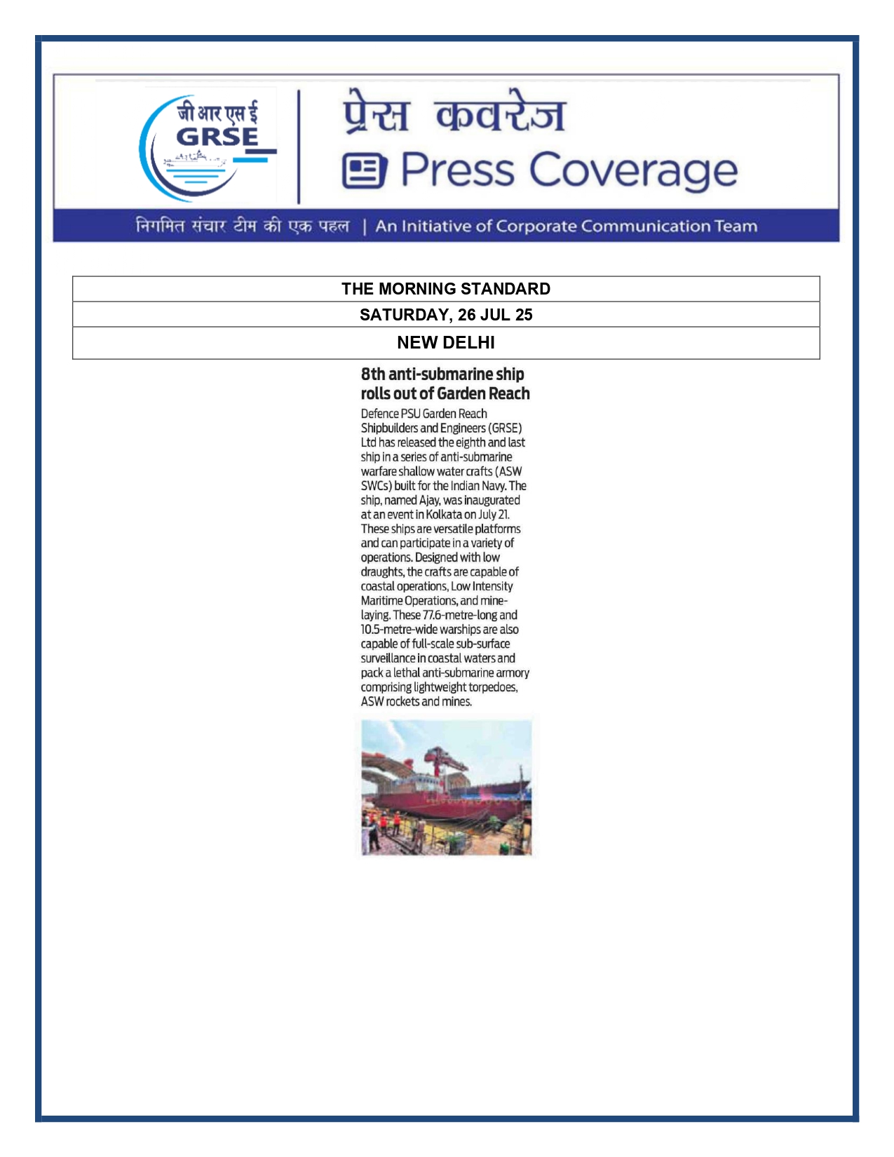 Press Coverage : 8th Anti-submarine Ship rolls out of Garden Reach